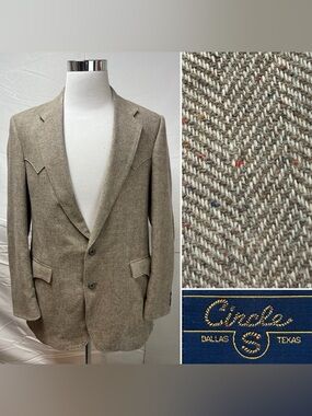 Vintage Circle S Men’s 42L Herringbone Tweed Flecked Wool Western Blazer Jacket
